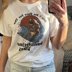 Zach Bryan White Graphic Tee with Surfing Skeleton